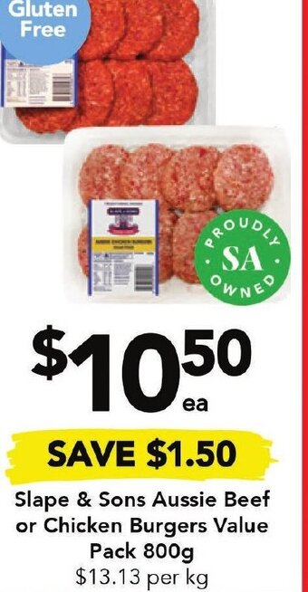 Drakes Slape & Sons Aussie Beef or Chicken Burgers Value Pack 800g offer