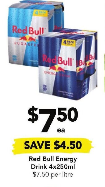 Drakes Red Bull Energy Drink 4x250ml offer