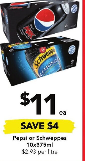Drakes Pepsi or Schweppes 10x375ml offer