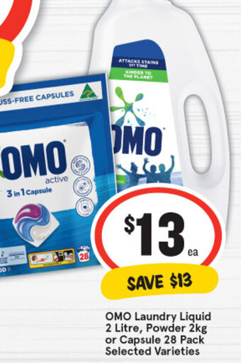 IGA Omo Laundry Liquid 2 Litre, Powder 2kg or Capsule 28 pack offer