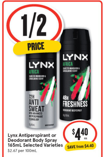 IGA Lynx Antiperspirant or Deodorant Body Spray 165ml offer