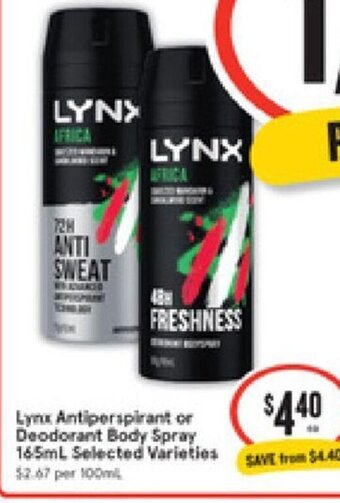 IGA Lynx Antiperspirant or Deodorant Body Spray 165ml offer