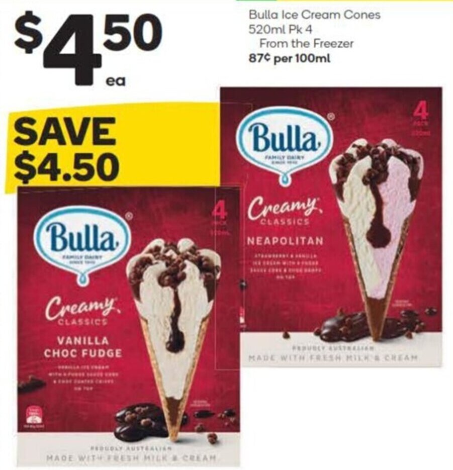 Bulla Ice Cream Cones 520ml Pk 4 offer at Woolworths