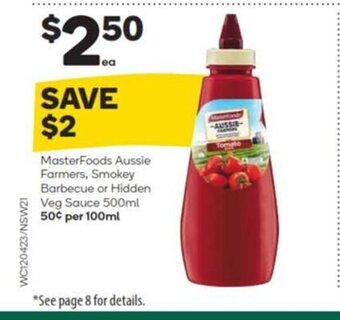 Woolworths Masterfoods Aussie Farmers, Smokey Barbecue or Hidden Veg Sauce 500ml offer