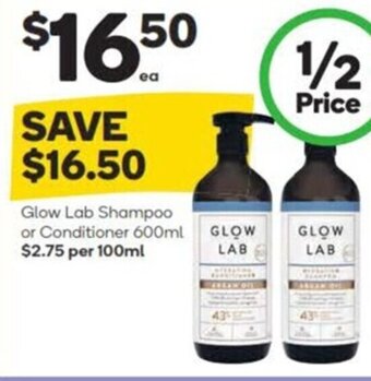 Woolworths Glow Lab Shampoo or Conditioner 600ml offer