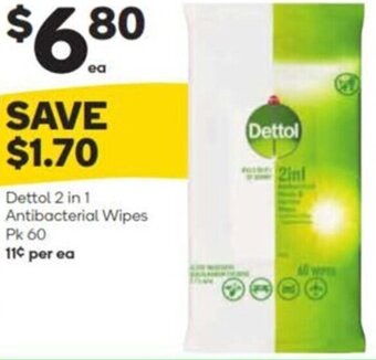Woolworths Dettol 2 in 1 Antibacterial Wipes Pk 60 offer