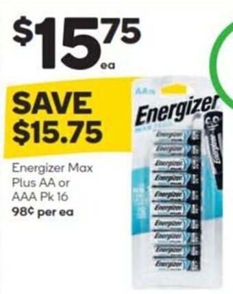 Woolworths Energizer Max Plus AA or AAA Pk 16 offer