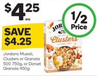 Woolworths Jordans Muesli, Clusters or Granola 500 750g, or Dorset Granola 450g offer