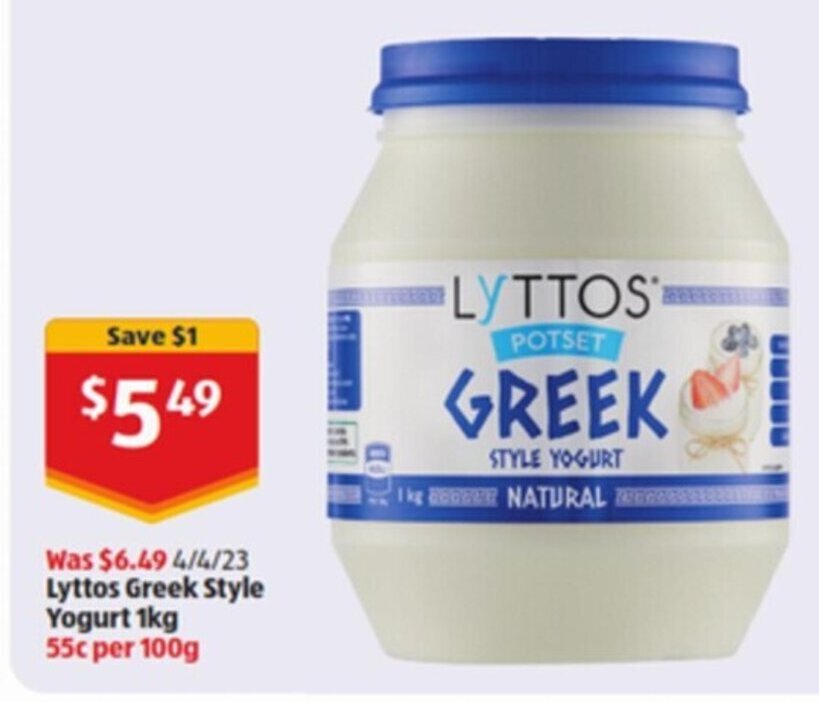 Lyttos Greek Style Yogurt 1kg offer at ALDI
