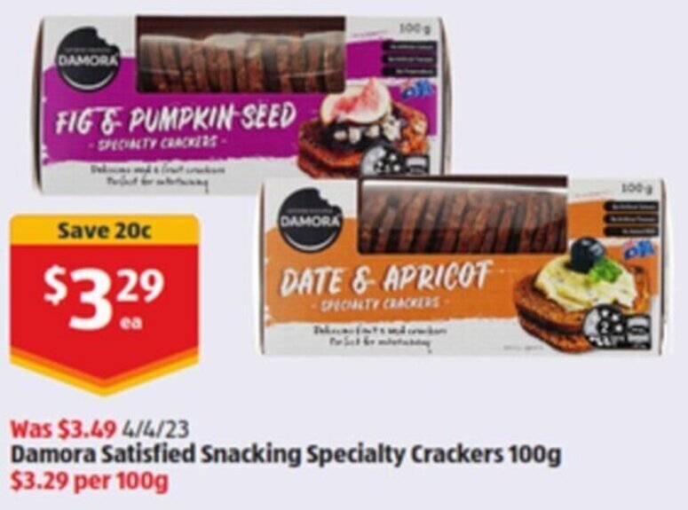 Damora Satisfied Snacking Specialty Crackers 100g offer at ALDI