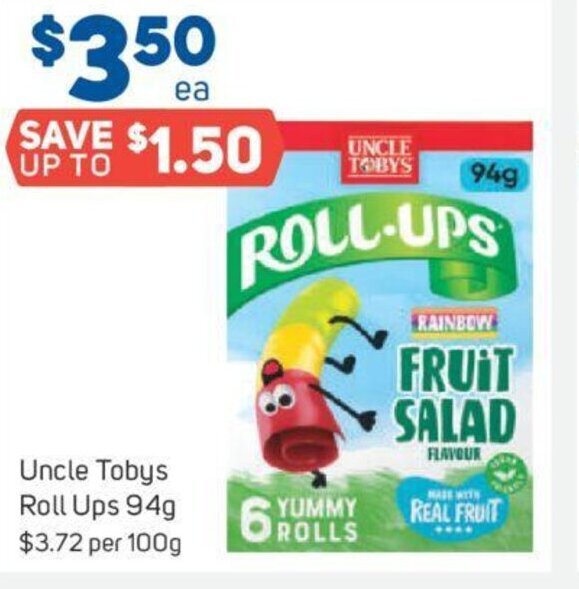 Uncle Tobys Roll Ups 94g offer at Foodland