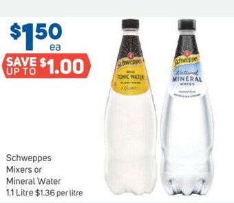 Foodland Schweppes Mixers or Mineral Water 1.1 Litre offer