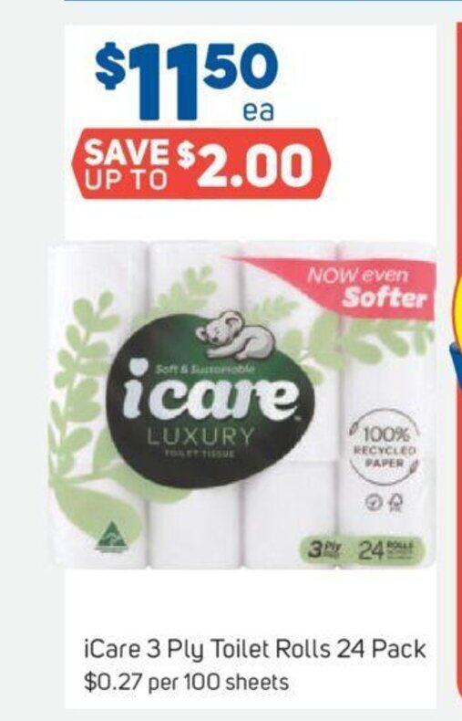 Icare 3 ply Toilet Rolls 24 Pack offer at Foodland