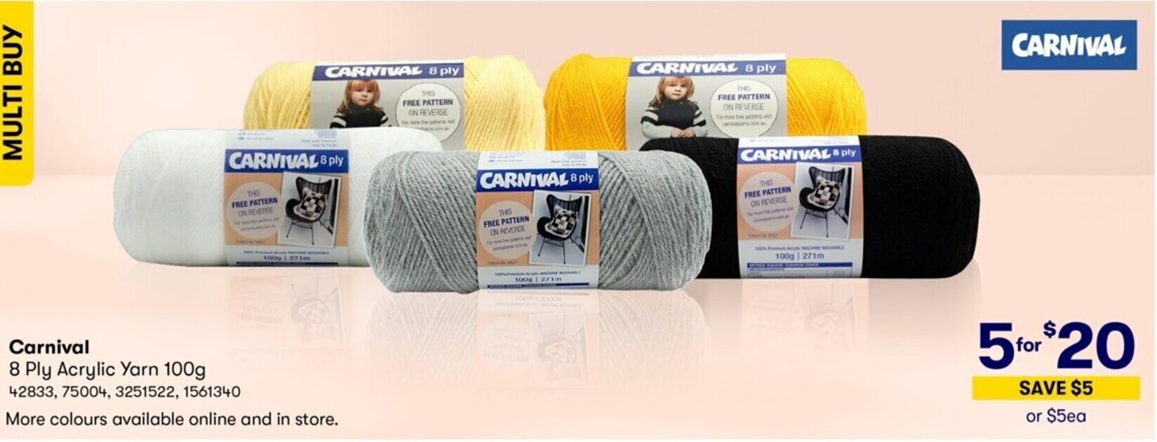 Carnival 8 Ply Acrylic Yarn 100g offer at Costco