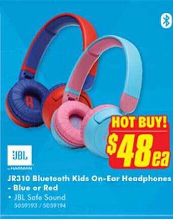The Good Guys Jbl jr310 bluetooth kids on-ear headphones - blue or red offer