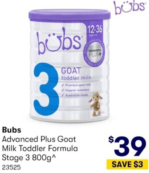 Bubs Advanced Plus Goat Milk Toodler Formula Stage 3 800g offer at Costco