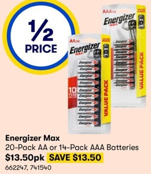 Energizer Max 20Pack AA or 14Pack AAA Batteries offer at Costco