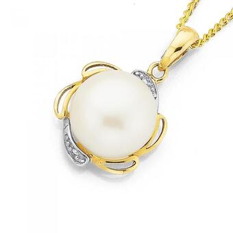 Prouds 9ct gold cultured freshwater pearl & diamond flower pendant offer