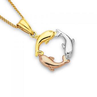 Prouds 9ct gold tri tone triple dolphin pendant offer