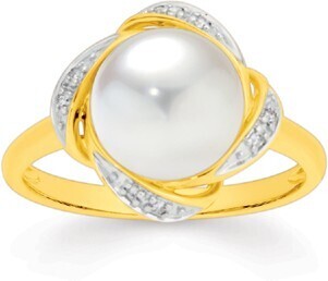 Prouds 9ct gold cultured freshwater button pearl & diamond swirl framed dress ring offer
