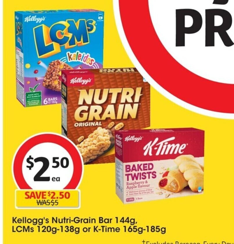 Kellogg's NutriGrain Bar 144g LCMs 120g138g or KTime 165185g offer