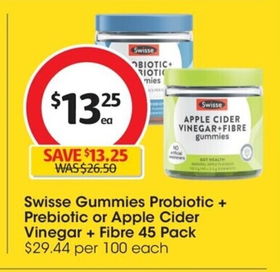 Swisse Gummies Probiotic+ Prebiotic or Apple Cider Vinegar+ Fibre 45 pack offer at Coles
