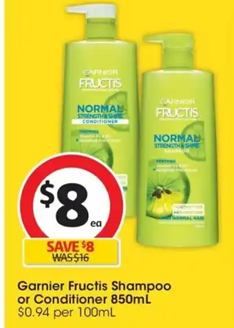 Coles Garnier Fructis Shampoo or Conditioner 850 ml offer