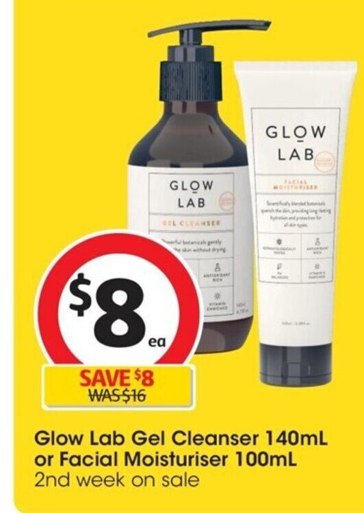 Glow Lab Gel Cleanser 140 ml or Facial Moisturiser 100 ml offer at Coles