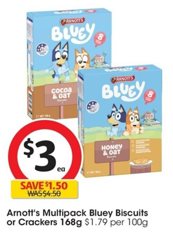Arnott's Multipack Bluey Biscuits or Crackers 168g offer at Coles