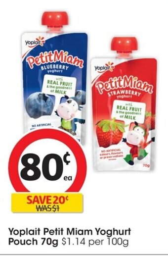 Coles Yoplait Petit Miam Yoghurt Pouch 70g. offer
