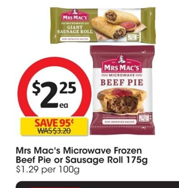 Mrs Mac's Microwave Frozen Beef Pie or Sausage Roll 175g offer at Coles