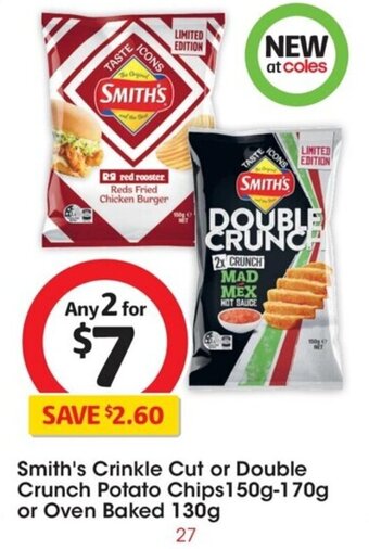 Coles Smith's Crinkle Cut or Double Crunch Potato Chips 150g-170g or Oven Baked 130g offer