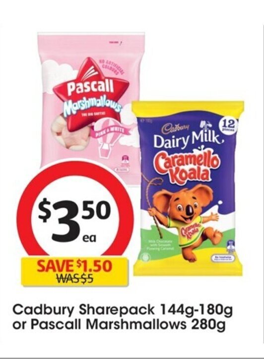 Cadbury Sharepacks 144g180g or Pascall Marshmallows 280g offer at Coles