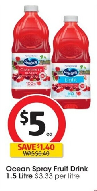 Coles Ocean Spray Fruit Drink 1.5 Litre offer