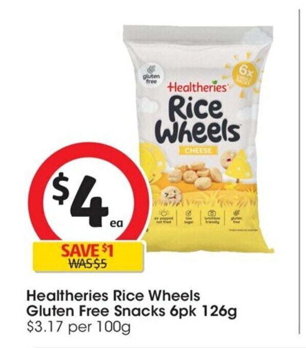 Healtheries Rice Wheels Gluten Free Snacks 6pk 126g offer at Coles