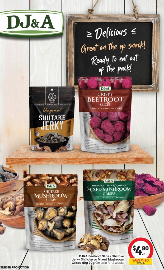 DJ &A Beetroot Slices, Shitake Jerky, shitake or Mixed Mushroom Crisps