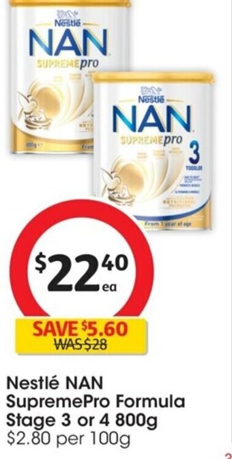 Coles Nestlé NAN Supremepro Formula Stage 3 or 4 800g offer