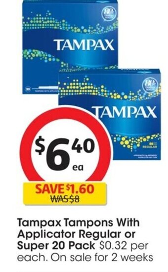 Coles Tampax Tampons With Applicator Regular or Super 20 pack offer