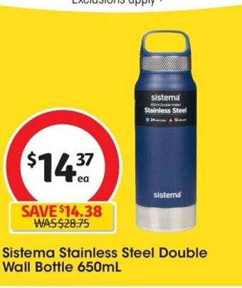Coles Sistema Stainless Steel Double Wall Bottle 650ml offer