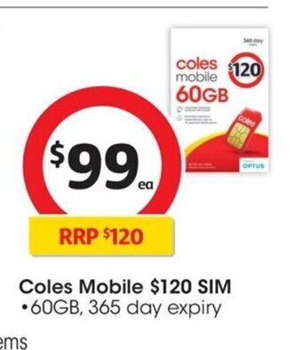 Coles Coles Mobile $120 Sim offer