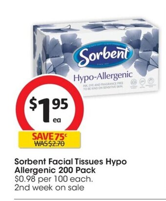 Coles Sorbent Facial Tissues Hypo Allergenic 200 Pack offer