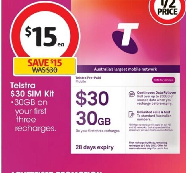Telstra 30 Sim Kit offer at Coles