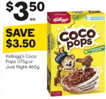 Woolworths Kellogg's Coco Pops 375g or Just Right 460g offer