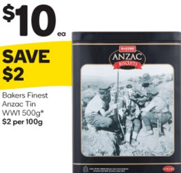Bakers Finest Anzac Tin WW1 500g* offer at Woolworths