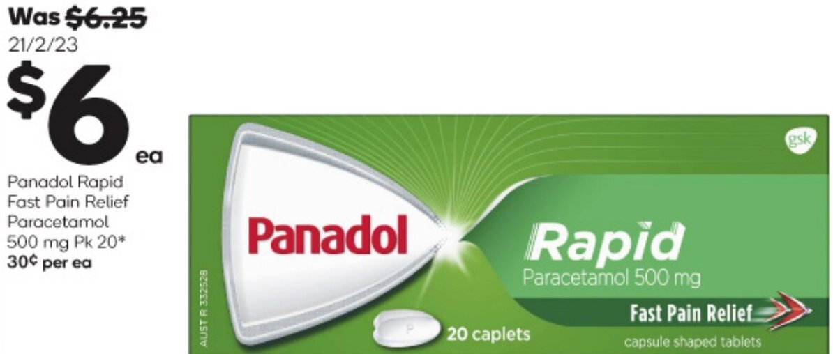 Panadol Rapid Fast Pain Relief Paracetamol 500 mg Pk 20 offer at Woolworths