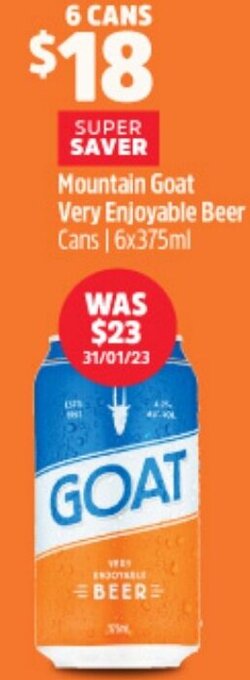 Woolworths Mountain Goat Very Enjoyable Beer Cans │ 6x375ml offer