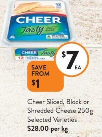Foodworks Cheer Sliced, Block or Shredded Cheese 250g offer