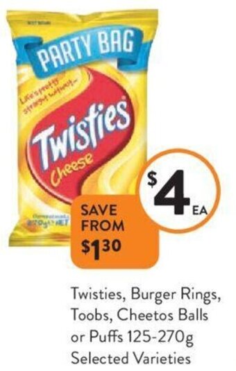 Twisties, Burger Rings, Toobs, Cheetos Balls or Puffs 125-270g
