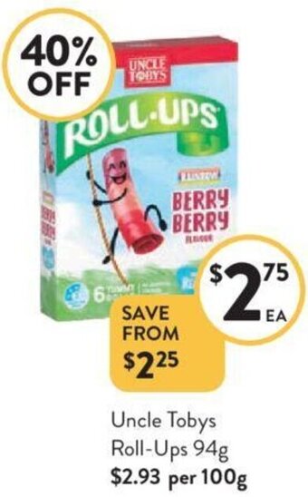 Foodworks Uncle Tobys Roll-Ups 94g offer