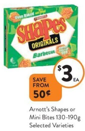 Foodworks Arnott's Shapes or Mini Bites 130-190g offer